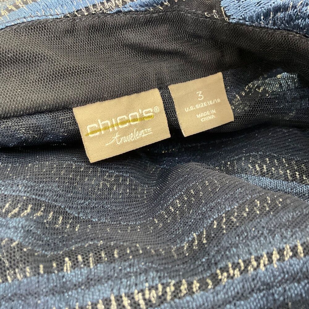 Chico's Travelers Blue Whimsy Mesh Stripe Embroidered 3/4 Sleeve Jacket 3 US XL - Picture 5 of 14